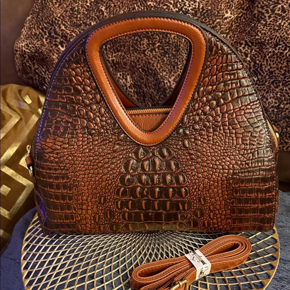 Brown Croc-Embossed Dome Satchel with Top Handle and Detachable Strap - Picture 1 of 7